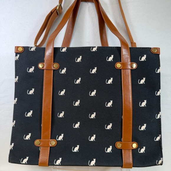 ModCloth Cat Print Tote Bag Purse Black Shoulder Bag with Strap - Picture 2 of 10